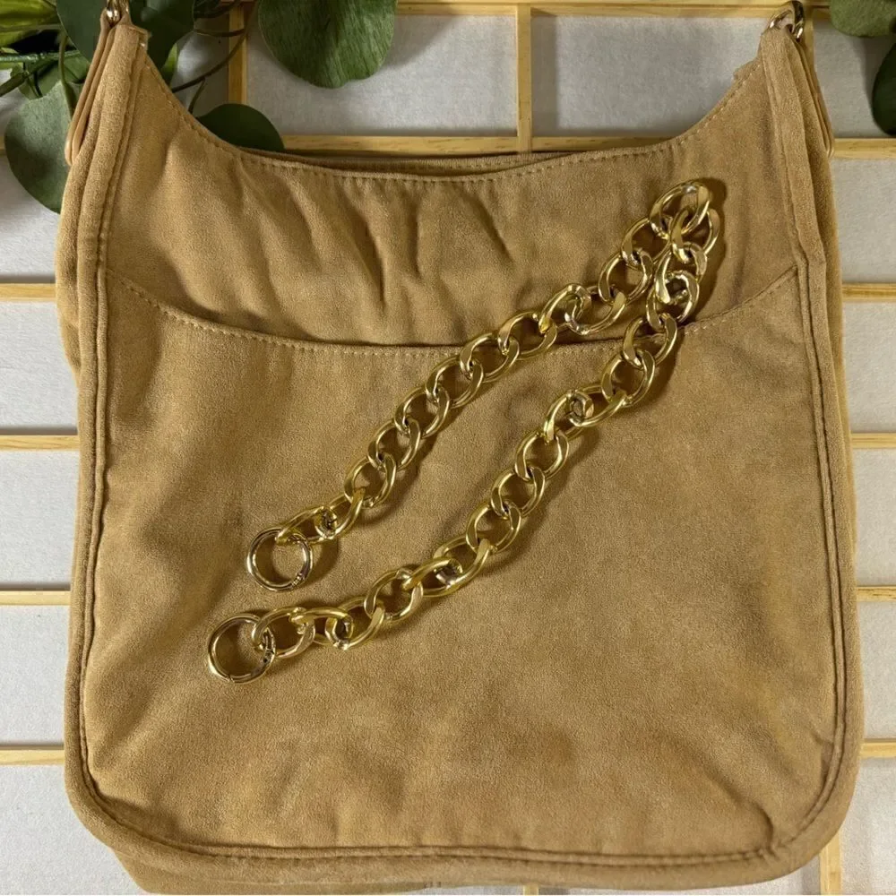 AH DORNED women’s tan brown suede shoulder bag and gold link chain strap